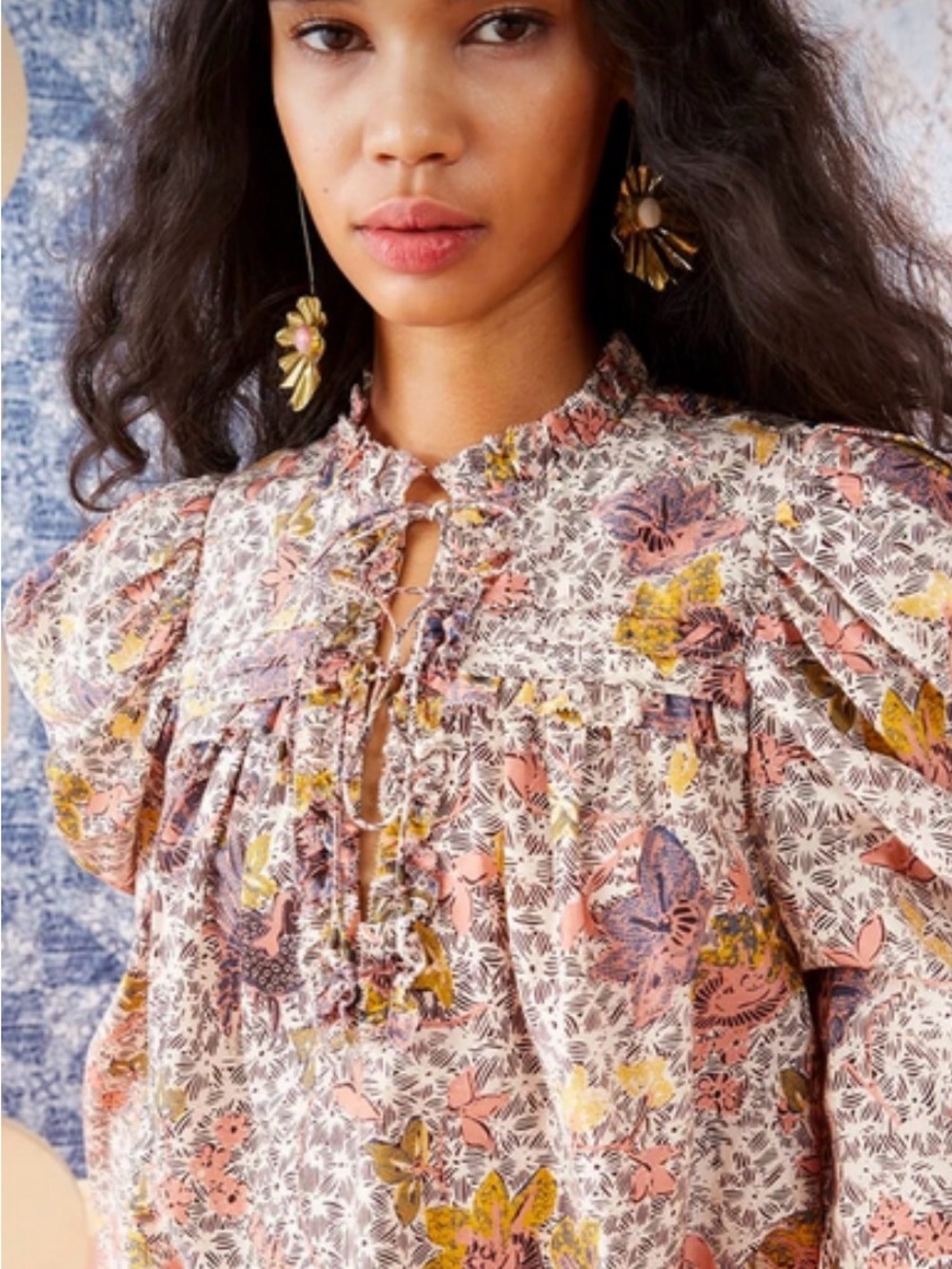 Ulla Johnson Pink, Yellow & Cream Floral Ruffle Tie-Neck Blouse